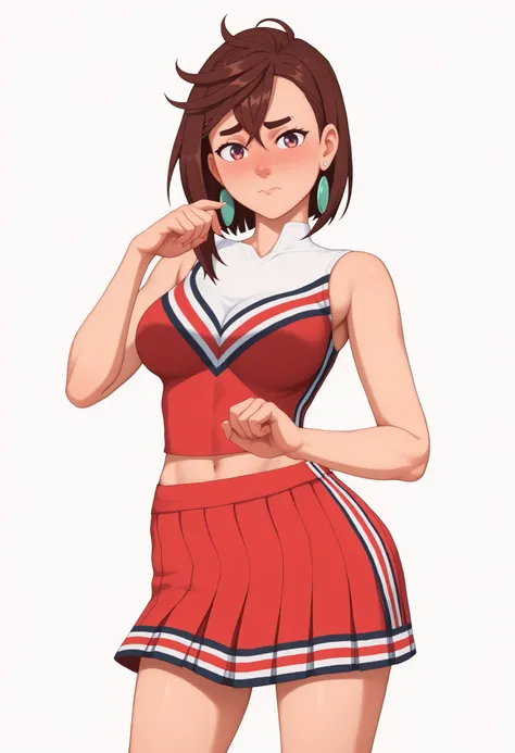 momo ayase, posing embarrassed , red face , short hair, brown hair, brown eyes, bangs, thick eyebrows, large breasts,, shy expression, blushing cheeks, detailed shading, soft shadows,, anime style, high detail, clean background. ,, alone, earrings, nose bl...