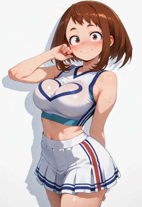 (masutepiece, Best Quality, hight resolution,, Perfect Pixel, depth of fields, 4K), Beautiful anime girl, Perfect body , uraraka ochako ,, ,,, cleavage, navel,, , , jewelry, , , sweat, , ,looking at viewer, , , ,, smile, , blush, with an extremely curvy an...