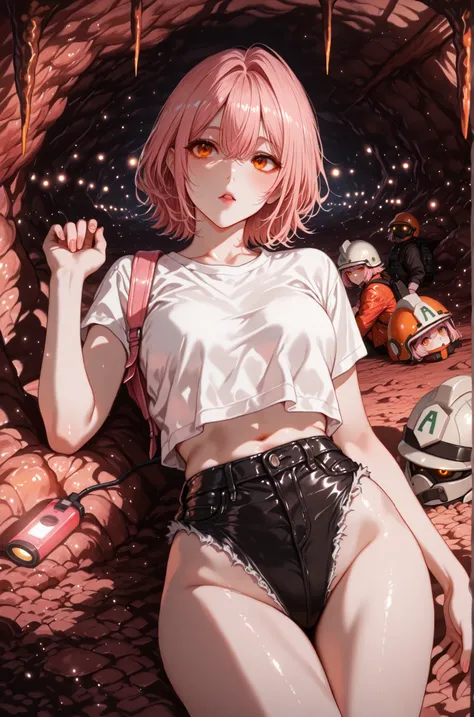 (in the corner of Zaha Cave), (A, in the corner of Zaha Cave can be seen through a gap where about one adult woman can pass, An unknown underground cave, Sujeong Castle), (adult female), (Safety helmet , backpack), (pink leather jacket, white cropped sleev...