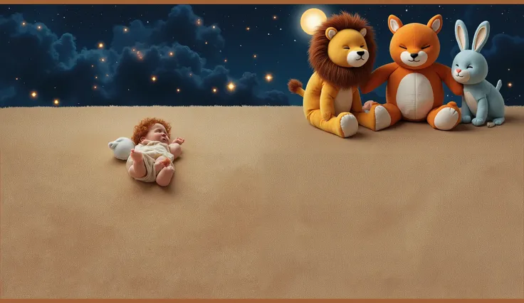 Rugjkeep the proporcion of the characters onthe screen Realistic bedtime scene with a cute curly-haired redheaded baby sleeping peacefully on a soft beige carpet, surrounded by three large plush toys — a golden lion, an orange fox, and a light blue bunny —...