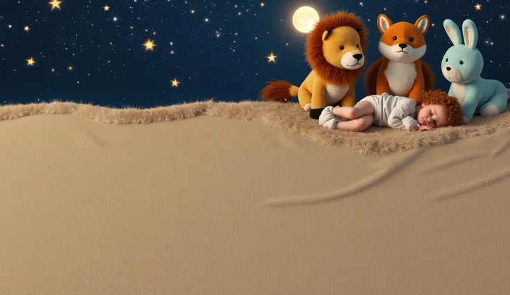 jkeep the proporcion of the characters onthe screen Realistic bedtime scene with a cute curly-haired redheaded baby sleeping peacefully on a soft beige carpet, surrounded by three large plush toys — a golden lion, an orange fox, and a light blue bunny — un...