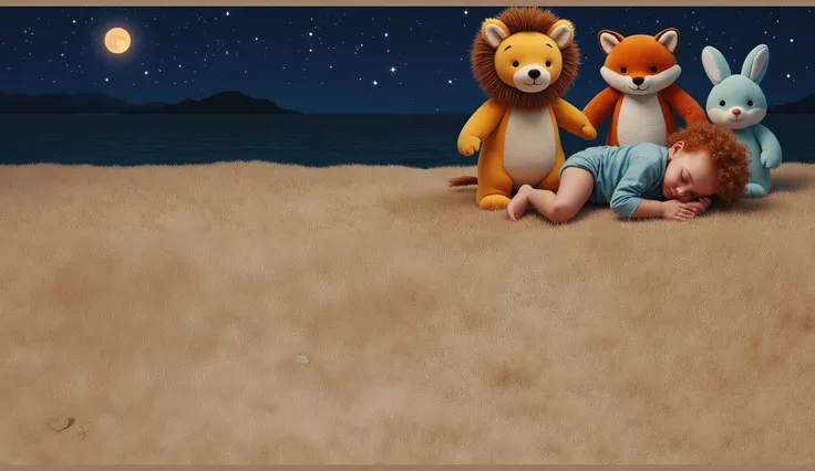 jkeep the proporcion of the characters onthe screen Realistic bedtime scene with a cute curly-haired redheaded baby sleeping peacefully on a soft beige carpet, surrounded by three large plush toys — a golden lion, an orange fox, and a light blue bunny — un...