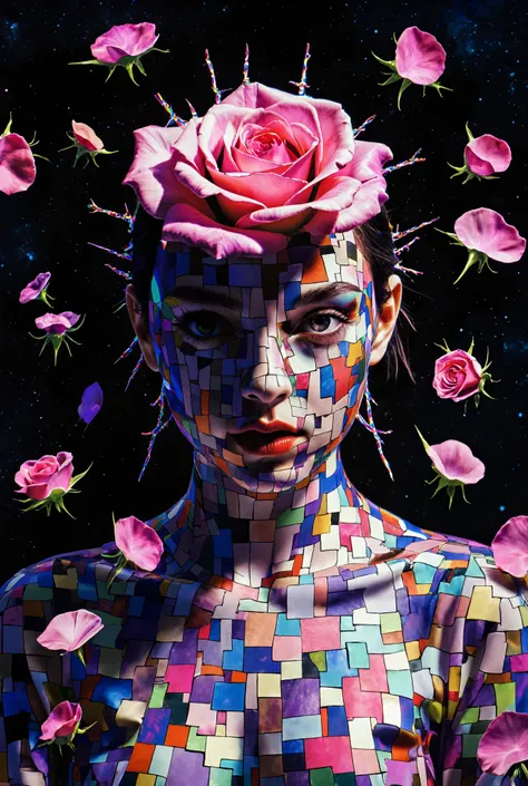 Abstract rose girls, Fragmented into floating petal mosaics with neon thorns, Mirrored digital patterns, void-like cyber space with glitch distortions, DALI-inspired cyber AI art, innovativ. CynthiaPortrait