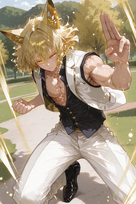 Male, wavy hair, golden hair, short hair, golden eyes, high school, golden aura, park landscape, white and golden aura, floating hair, fight stance, toned, fox ears, masculine, ultra_instinct, open vest, white suit pants, black oxford shoes