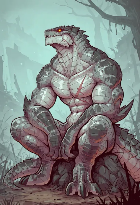 1male, solo, anthro, lizardfolk, anthro dragon lizard, solo, scaly, detailed scales, experienced predator, black scales, matte body, torso is well-defined and muscular, body robust and powerful, massive arms, detailed scales, scars on body and head, thick ...
