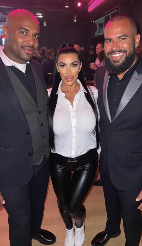 Kim Kardashian with long straight black hair as a ponytail,  Kim hat blaue Augen, White shirt with collar and buttons and large cleavage , in very tight black leather pants and white sneakers , Kim is standing at the bar in a modern discotheque , Kim stand...