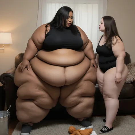 Photorealistic, detailed photo depicting a wide-angle, full-body shot of a super morbidly obese teenage girl standing next to skinny teenage girl. Both girls are beautiful, gorgeous, black, african american girls. The obese woman is an extremely fat, extre...