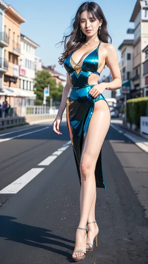 A beautiful Japanese woman, 20 years old, perfect anatomy, healthy thighs, beautiful legs, beautiful skin, random hair color, random hairstyle, large breasts, race queen, (race queen costume:1.3), zent, (she is standing:1.2), full body shot, high heels, ra...