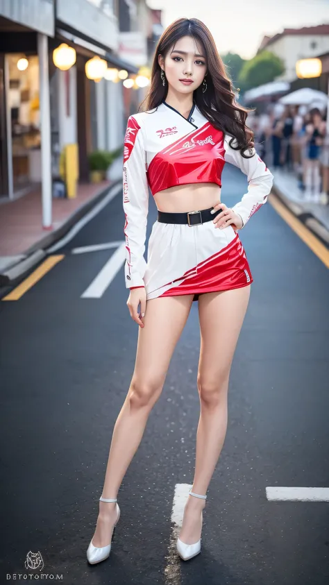 A beautiful Japanese woman, 20 years old, perfect anatomy, healthy thighs, beautiful legs, beautiful skin, random hair color, random hairstyle, large breasts, race queen, (race queen costume:1.3), zent, (she is standing:1.2), full body shot, high heels, ra...