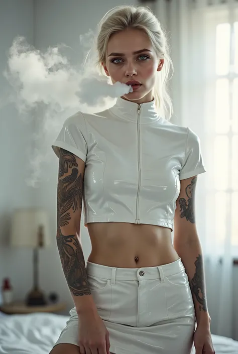 Photo of a pale fair-skinned 20 year old woman with white hair, looking at the camera. She is naked under a short cropped high-neck white patent leather t-shirt, and white patent leather pencil skirt. Intricate dark tattoos on her arms and abdomen. Bellybu...