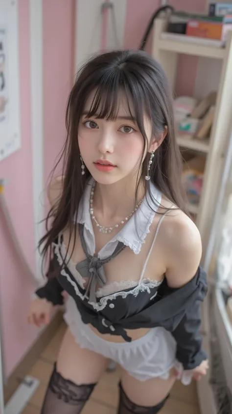 JP,JP1,,JPp,,Sliding Areolas,JP,JP,(masterpiece, Highest Quality:1.2), 1girl, solo,young woman with long black hair and bangs, is wearing a black and white bunny costume、with a bow tie and buttons, Paired with lace stockings、A room with vertical pink and w...