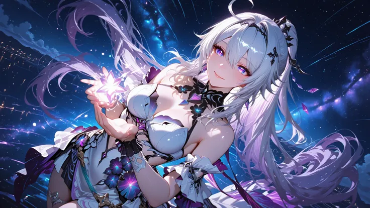 Kiana kaslana herscher of finality, hinkai star rail, glow, shine, dynamic angle, smile, night, stars, whimsical, glossy, aesthetic, artistic, cinematic, dreamy, dynamic pose