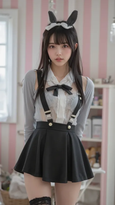 JP,JP1,,JPp,,Sliding Areolas,JP,JP,(masterpiece, Highest Quality:1.2), 1girl, solo,young woman with long black hair and bangs, is wearing a black and white bunny costume、with a bow tie and buttons, Paired with lace stockings、A room with vertical pink and w...