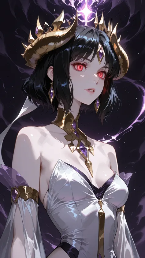 solo, Shem-Ha, black hair, short hair, glowing eyes, red eyes, evil, corruption, purple eye shadow, mature woman, Tight waist、Small waist、shiny Skin , sexy, (adult woman, 25+), close-up portrait of a woman's upper body, spectral traveler, wearing a dress...
