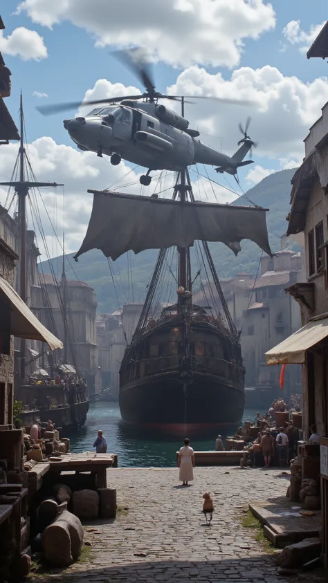 high-definition images、17th-century Spanish harbor、is home to many sailing ships、a UH-60 that has traveled back in time flies over the sky