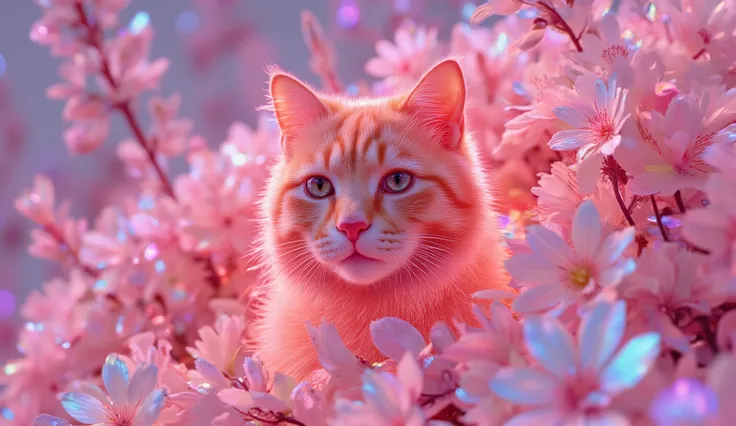 Semi realistic orange cat, glowing flowers, artistic, cinematic, masterpiece, whimsical, dreamy, close up, iridescence colors, pink flowe, white flowe