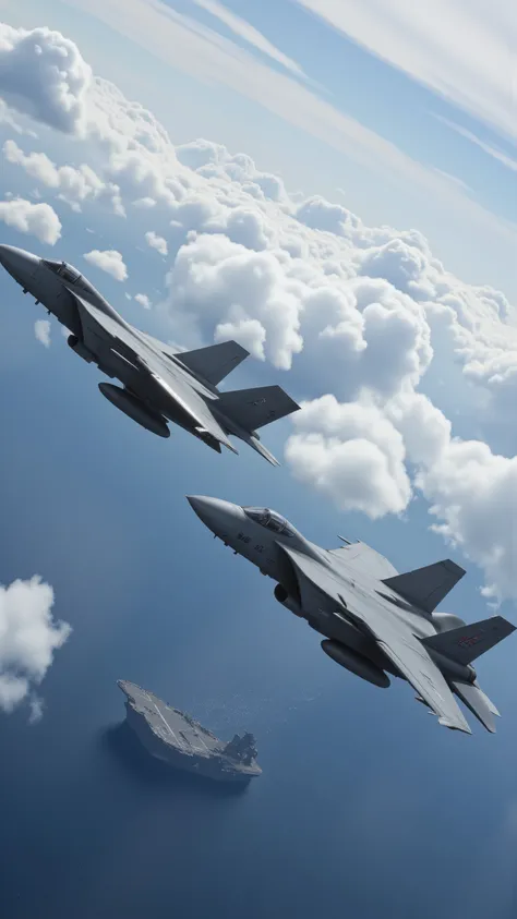 
高精細な映像で、空を飛ぶF-14、2機の編隊で飛行、海上には航空母艦の姿が見ることができます