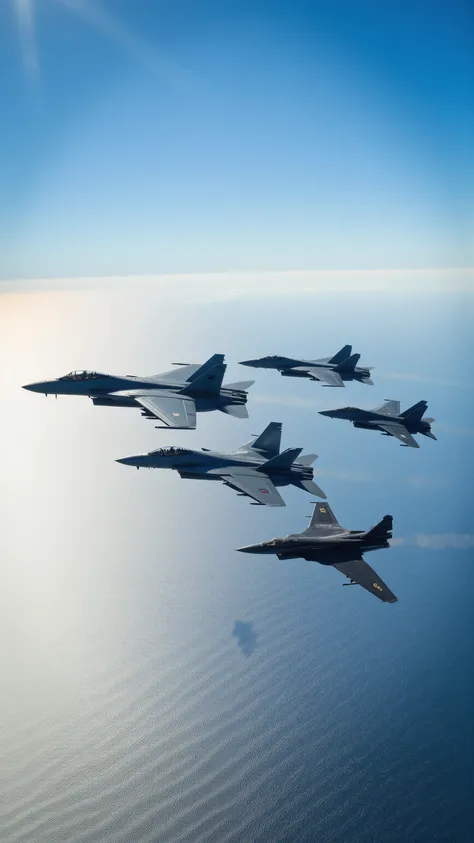 high-definition images、F-14 flying in the sky、Flying in a formation of 4 aircraft、aircraft can be seen in the sea