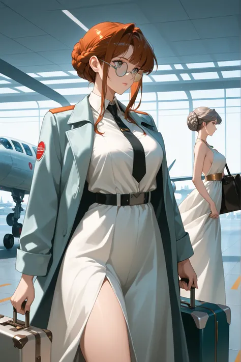 Masterpiece, beautiful woman, Greek Goddess, bright_grey_eyes, circular glasses, retro futuristic clothing, women’s dress and overcoat, black necktie, auburn hair, braided bun hairstyle, grey_eyes, \(medusa_head_pendant\), carrying suitcase, retro futurist...