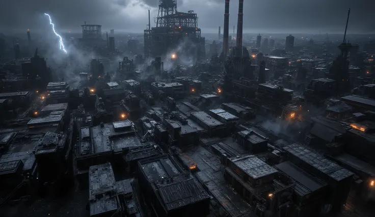 "Aerial concealment over Redstone at stormy dusk, viewed from an industrial airship gondola: the mine vanishes beneath a patchwork of mausoleums, smokestacks, and tarred rooftops. Only subtle clues betray it—three vent grilles disguised as grave slabs, a f...