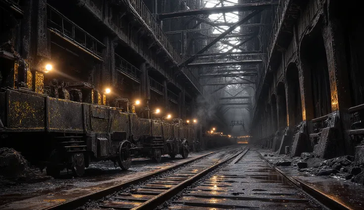 "Interior of the true mine: a cathedral-scale chamber ribbed with riveted iron arches and timber braces, slick with condensation. Narrow-gauge rails vanish into black shafts, ore carts dusted in gold flecks stand idle, and a steam hoist coughs vapor into a...