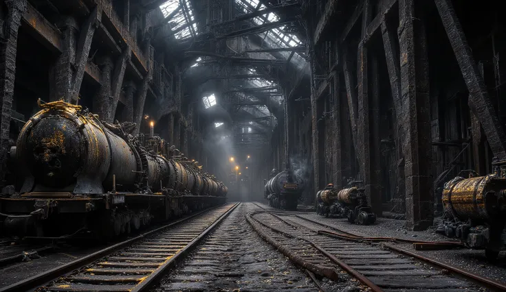 "Interior of the true mine: a cathedral-scale chamber ribbed with riveted iron arches and timber braces, slick with condensation. Narrow-gauge rails vanish into black shafts, ore carts dusted in gold flecks stand idle, and a steam hoist coughs vapor into a...