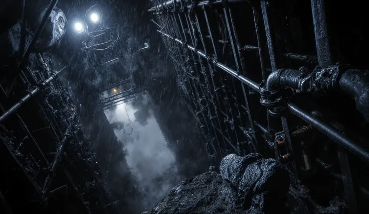 "Night flythrough revelation: begin above the City of the Dead as rain patters on iron grates, then plunge past a hidden vent into a narrow shaft where fog rolls downward like breath. The camera glides along dripping pipes and rusted ladders, bursting into...