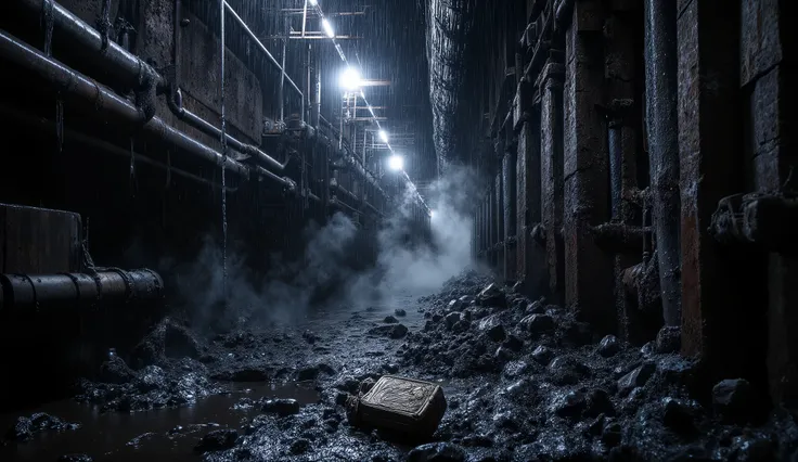 "Night flythrough revelation: begin above the City of the Dead as rain patters on iron grates, then plunge past a hidden vent into a narrow shaft where fog rolls downward like breath. The camera glides along dripping pipes and rusted ladders, bursting into...