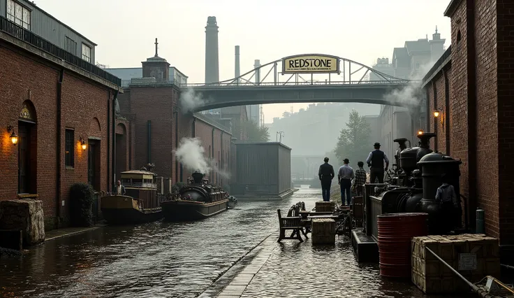 "Decoy mine of Maxwell Industries, built on the outskirts of Redstone’s industrial quarter, noon under a pale overcast sky. The entrance is framed by freshly laid brickwork, polished steel gates, and a gleaming brass sign that reads Redstone Extraction Co....