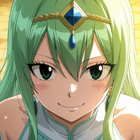Hisui E. Fiore from FAIRY TAIL. Nineteen years old. Long green hair and  bright green eyes, and a confident smile with a light blush. Her slender, piel clara figura esbelta y pechos granes. ella usa estrellas de mar vivas y pegajosas para cubrir sus pechos...
