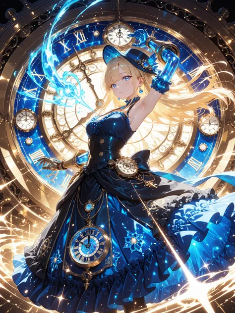  Time traveler,sleeveless,Armpit,long Steampunk fantasy scene of a masked young woman with blond hair, intricate ornaments on the inside, silk hat, and mechanical gloves. she's a huge golden hourglass filled with sparkling sand, with Gear, clock face, and ...