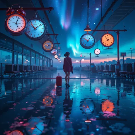 Masterpiece, top quality, a vibrant, very aesthetic.
A solo traveler in an empty airport at dawn.
Around her, floating clocks display different times, and the ceiling lights blend with the northern lights.
Her reflection on the floor shows the same woman… ...