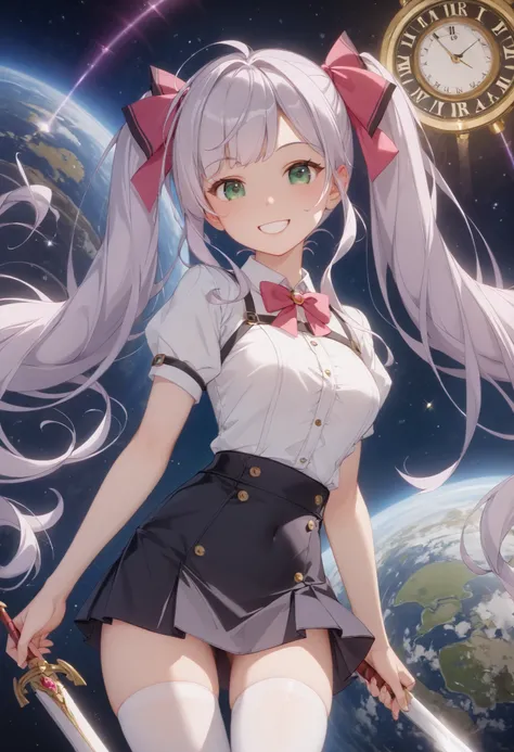 （（（ＳＦＷ、Highest quality、A first-class masterpiece、normal body 、32K、detailed face、Ultra High Accuracy、Normal hand、Highest）））、Miles/mile、Adele Von Ascum、Beautiful girl、Pink silver hair、twin tails、Blue-green eyes 、Slim、slender、Adventurer、white shirt、Leather Br...