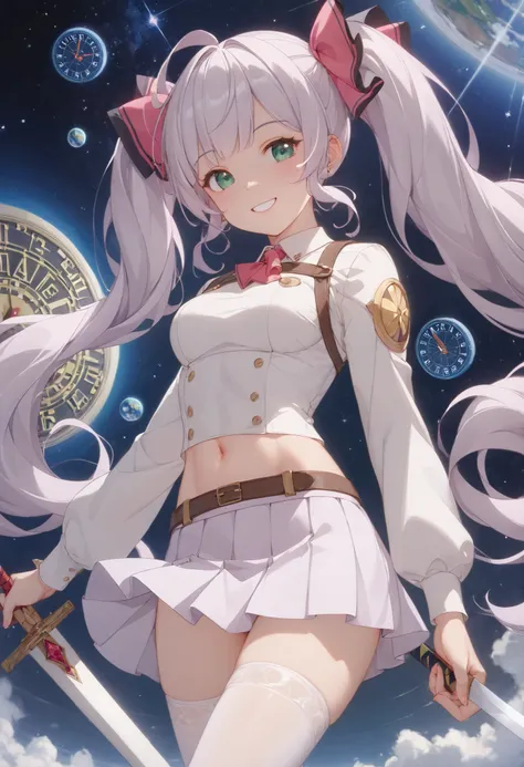 （（（ＳＦＷ、Highest quality、A first-class masterpiece、normal body 、32K、detailed face、Ultra High Accuracy、Normal hand、Highest）））、Miles/mile、Adele Von Ascum、Beautiful girl、Pink silver hair、twin tails、Blue-green eyes 、Slim、slender、Adventurer、white shirt、Leather Br...