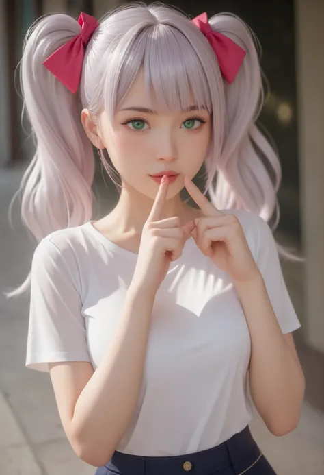 （（（ＳＦＷ、Highest quality、A first-class masterpiece、normal body 、32K、detailed face、Ultra High Accuracy、Normal hand、Highest）））、Miles/mile、Adele Von Ascum、Beautiful girl、Pink silver hair、twin tails、Blue-green eyes 、Slim、slender、Detective、white shirt、Point your ...