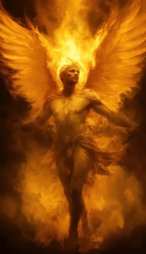 Ancient mythology style, Archangel Uriel is being of unparalleled light erupting in golden sunflares that form a Phoenix around his angelic beauty, flame radiating and abstract like living flame layered like leaves in dmai style yellow, orange red、The mome...
