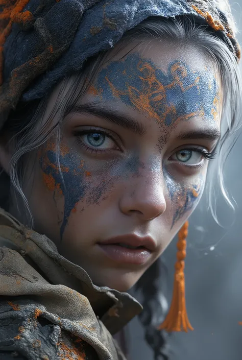 a girl with big eyes with heterochromia in bright blue and orange, intricate tribal tattoo on the face , small, thinned face with dust dirt , high definition showing the pores well. White and blue hair in a messy gradient with braids orange cord tied in t...