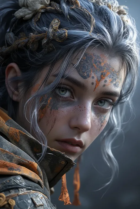 a girl with big eyes with heterochromia in bright blue and orange, intricate tribal tattoo on the face , small, thinned face with dust dirt , high definition showing the pores well. White and blue hair in a messy gradient with braids orange cord tied in t...