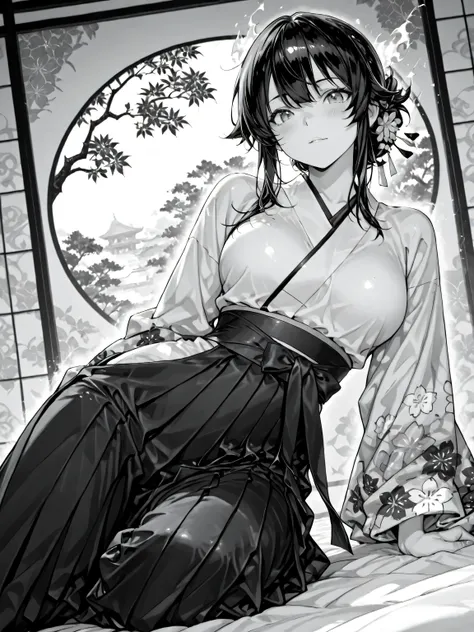 Like an ink painting: 1.5、 Monochrome ∶1.5、complex and luxurious Japanese pattern background、A delicate and slender woman slumps down on an armrest as if she were lying down、fiery expression、(5 including thumbs)、Hakama、ink expresses the flow of wind、Highes...