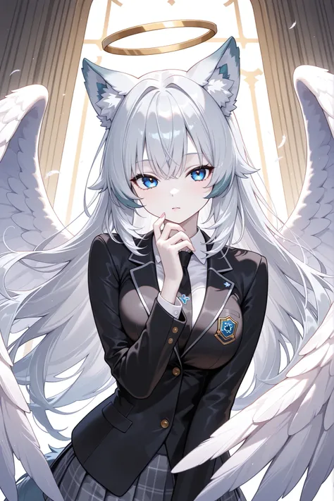blue eyes, silver long hair, big angel winged, black blazer, breasts, big wolf ear girl, anime face, semi realistic pale skin, dynamic sexy pose,
