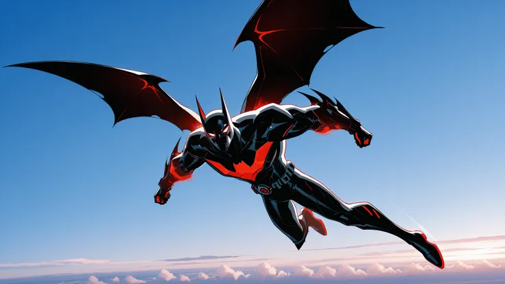 Batman beyond nanotech armour, red glowing reactor bat emblem on the chest, red glowing eyes, highly advanced armour, intricate design, holographic red gliding bat wings shaped wings attached to arms, jet boots, sleek athletic body, 2.5D cartoon style, 8K ...