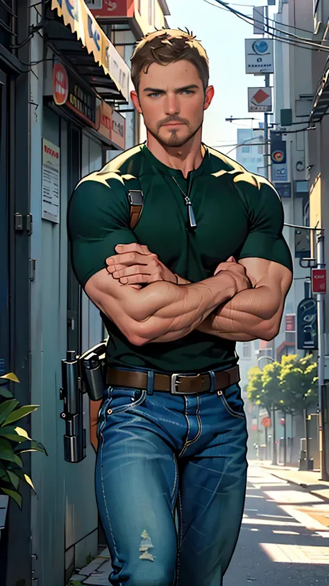 vpl,vpl,1 man, male focus solo,45 yo man, (((Stephen AMELL as private investigator))), lean muscle, open blue shirt, marine blue jeans with brown belt ,( bulge), full body shot, dark blond short hair, BLUE GREEN EYES , well groomed facial hair, (((( HANDS...
