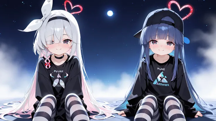 plana \(blue archive\) black eyes, long hair, white hair,braid,bow hairband,heart halo,choker, - furude rika, Purple Eyes, Blue Hair, 2girls, detailed, masterpiece, front view, straight-on, ((striped pantyhose:1.3), black and white pantyhose, pure black lo...