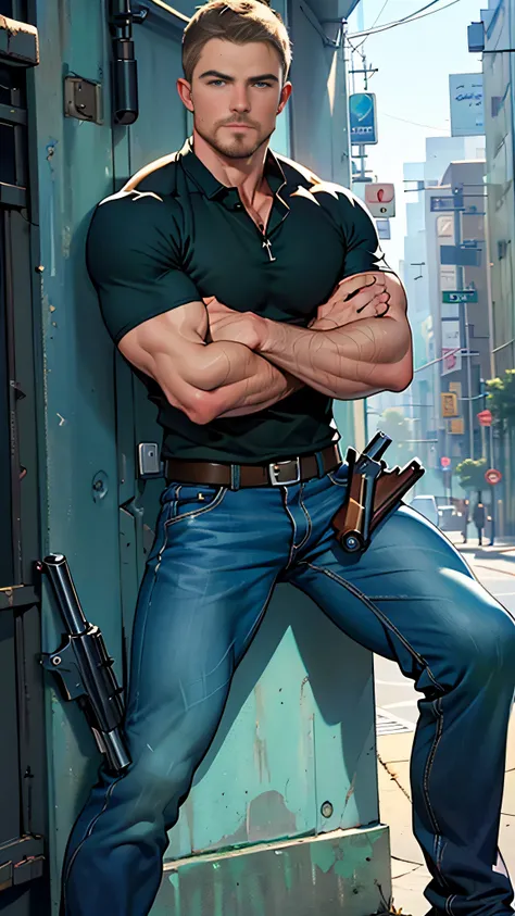 vpl,vpl,1 man, male focus solo,45 yo man, (((Stephen AMELL as private investigator))), lean muscle, open blue shirt, marine blue jeans with brown belt ,( bulge), full body shot, dark blond short hair, BLUE GREEN EYES , well groomed facial hair, (((( HANDS...
