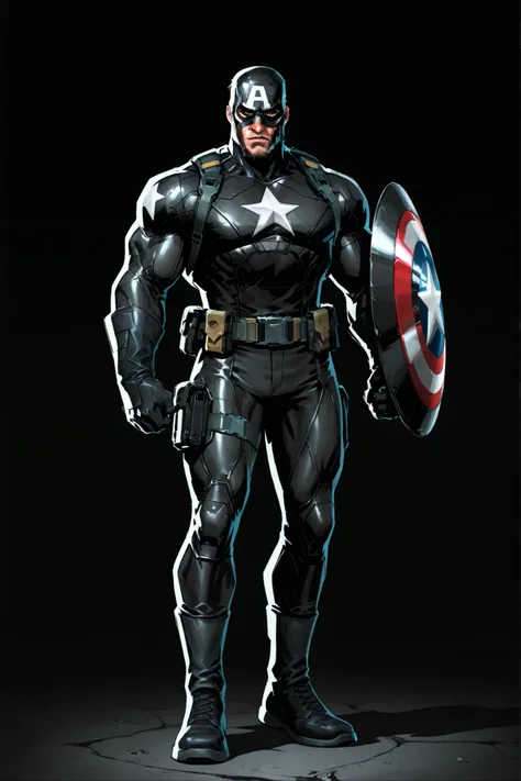 A dark reimagined Captain America. Wears black tactical kevlar suit with red trims and holding a shiny round black shield with a single white star in the center, utility belt with guns, Wearing a Half-mask combat helmet, beard on face. Gritty, cinematic li...