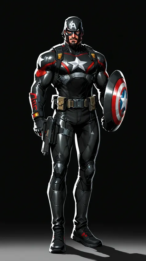A dark reimagined Captain America. Wears black tactical kevlar suit with red trims and holding a shiny round black shield with a single white star in the center, utility belt with guns, Wearing a Half-mask combat helmet, beard on face. Gritty, cinematic li...