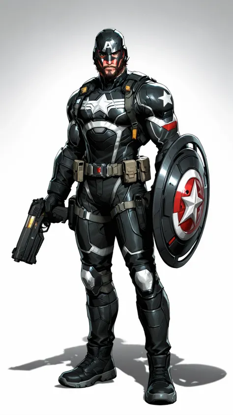A dark reimagined Captain America. Wears black tactical kevlar suit with red trims and holding a shiny round black shield with a single white star in the center, utility belt with guns, Wearing a Half-mask helmet, beard on face. Gritty, cinematic lighting....