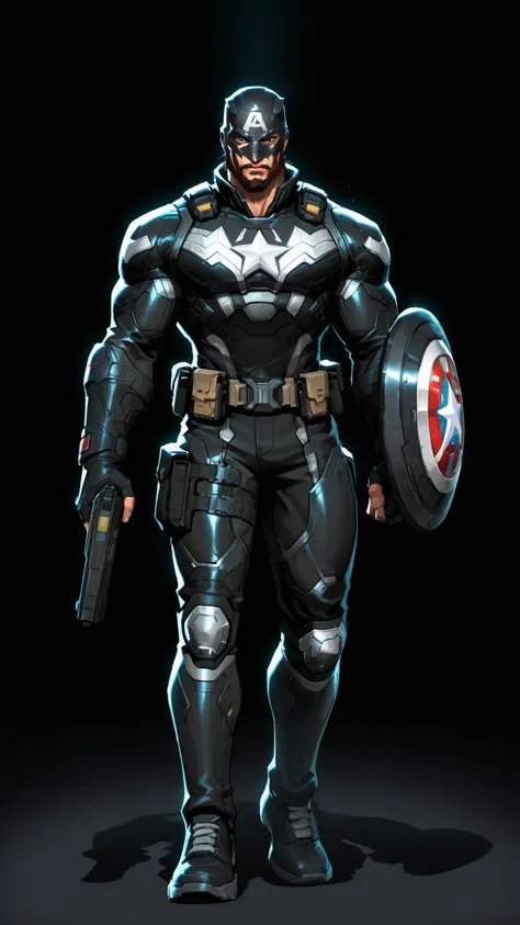 A dark reimagined Captain America. Wears black tactical kevlar suit with red trims and holding a shiny round black shield with a single white star in the center, utility belt with guns, Wearing a Half-mask helmet, beard on face. Gritty, cinematic lighting....