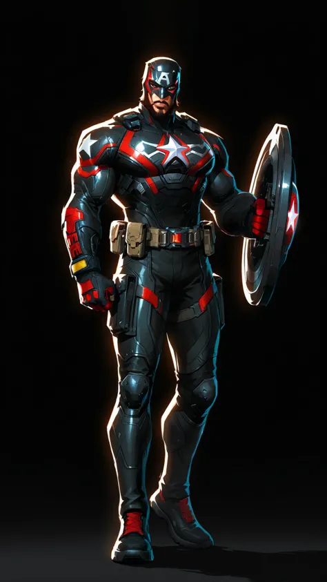 A dark reimagined Captain America. Wears black tactical kevlar suit with red trims and holding a shiny round black shield with a single white star in the center, utility belt with guns, Wearing a Half-mask combat helmet, beard on face. Gritty, cinematic li...