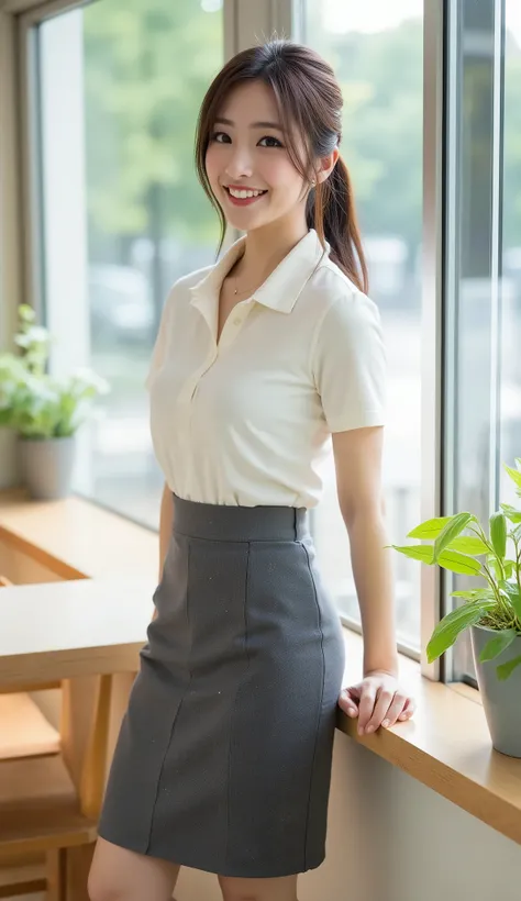 ((Beautiful 35-year-old Japanese office worker))
(Long, elegant face, glossy lipstick: 1.2)
(Short dark brown hair, ponytail: 1.4)
(Slender figure, cinched waist, beautiful bust: 1.5)
(Ivory white short-sleeved polo shirt, dark gray knee-length pencil skir...